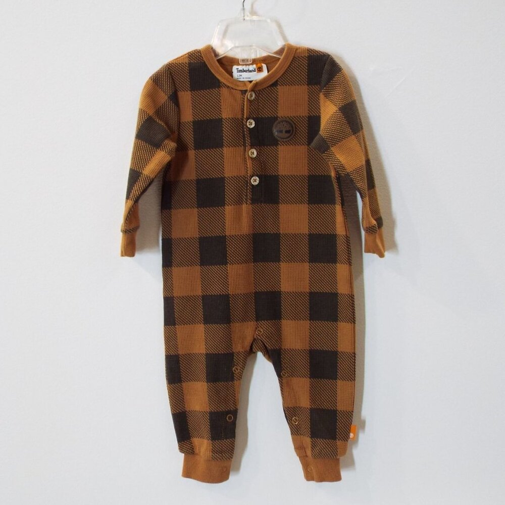 Timberland Baby Coverall Waffle Knit Brown Sugar Plaid Size 12M